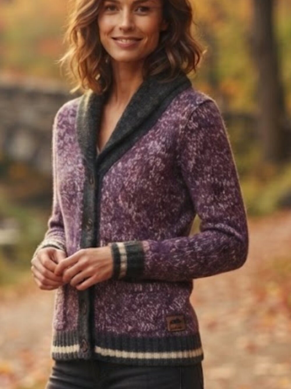 Roots Canada Purple Grey Chunky Knit Shawl Collar Cardigan Sweater Small S